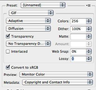 Screenshot of GIF export settings window, showing options for colors, dither, transparency, and more.