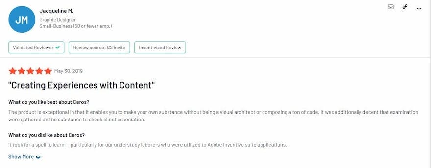 Screenshot of 'Content Scaling - Ceros Review' form. Ratings: Content Quality 4/5, Ease of Use 5/5, Overall Experience 5/5. Comments: 'Ceros streamlined our content creation, easier to scale.' 